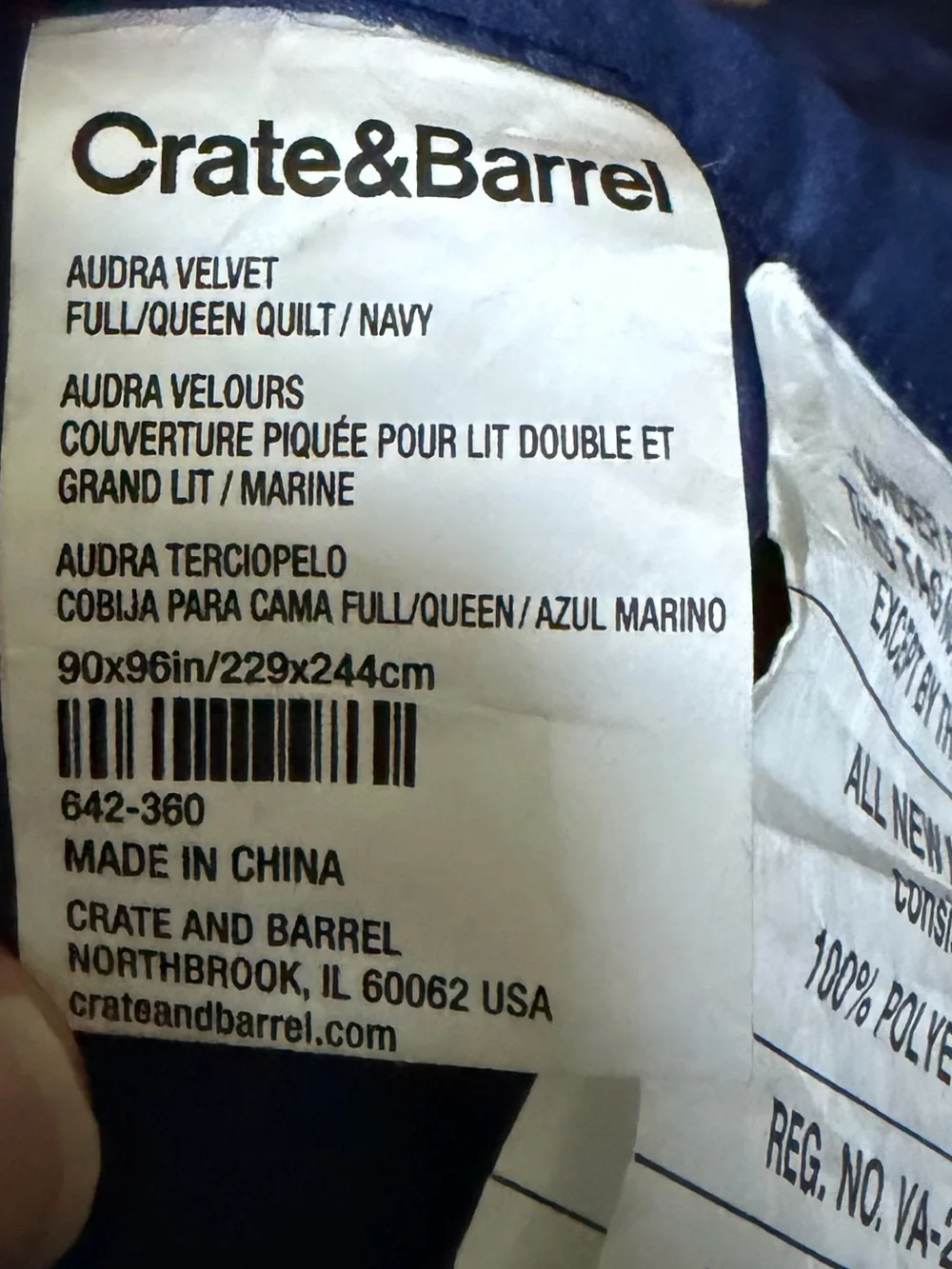Crate & Barrel Audra Velvet Full Queen Quilt Navy Blue w Two Euro Shams Included